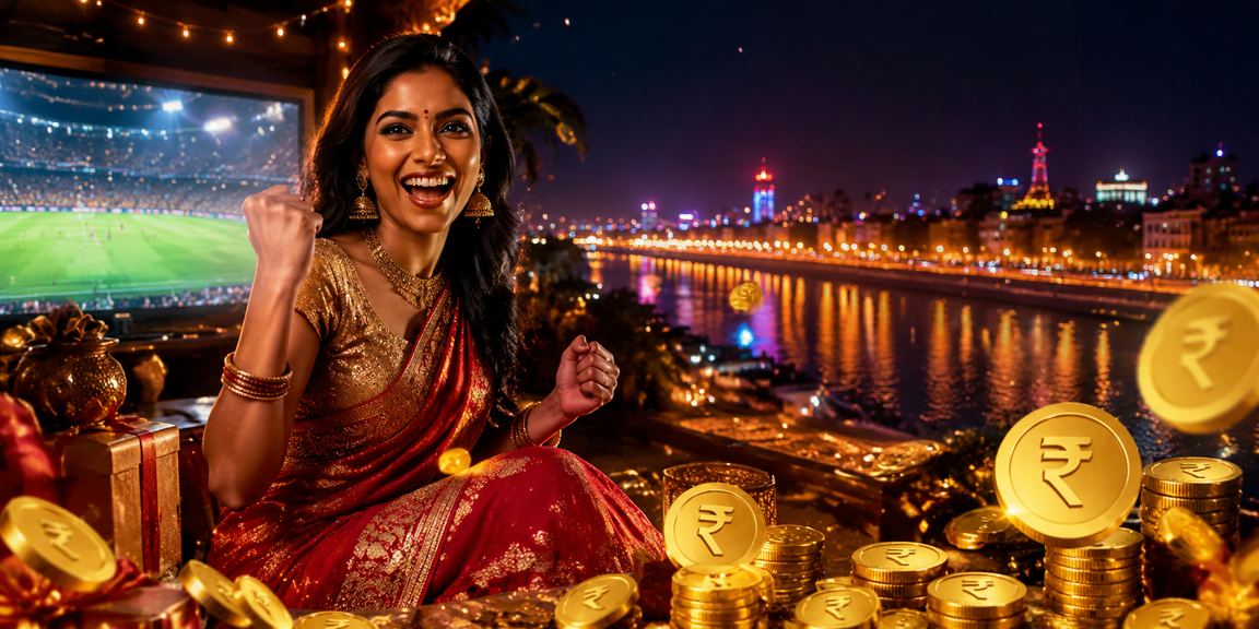 Indian player enjoying slots games with cricket match background